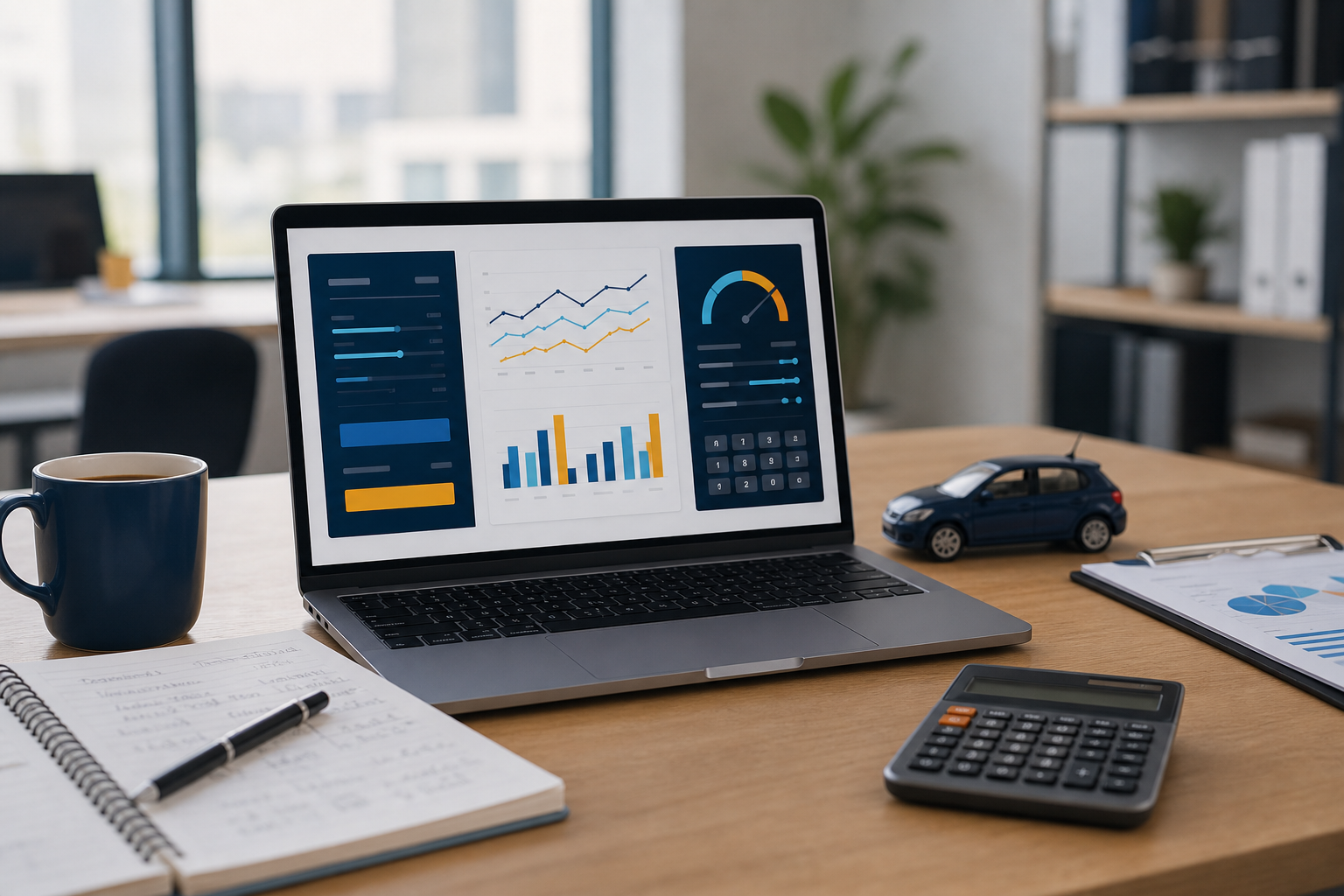 Illustrative editorial workspace with fuel-economy charts, calculator, notebook, and model car